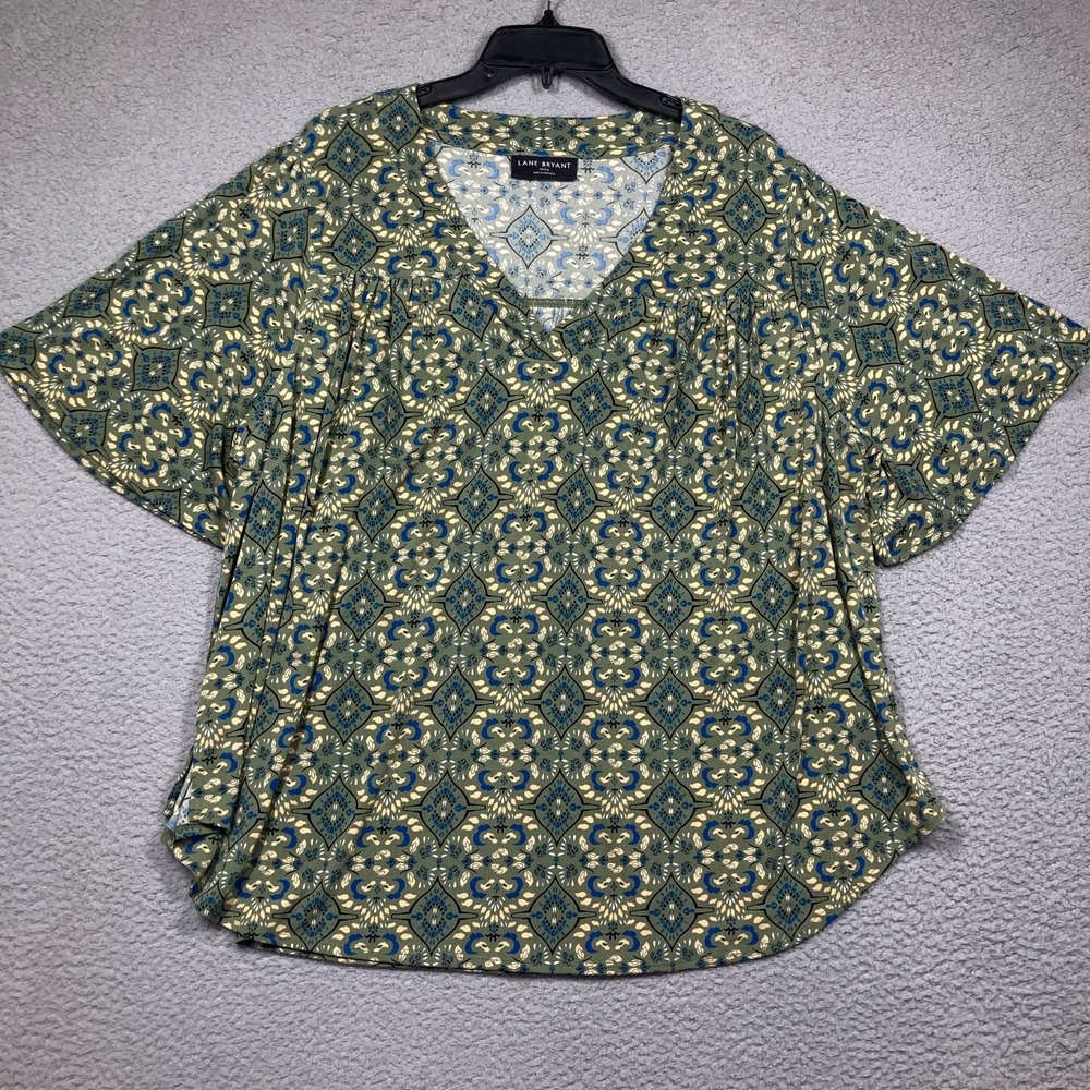 Lane Bryant Top Women's‎ Plus 22/24 Green Print Short Sleeve V Neck Stretch